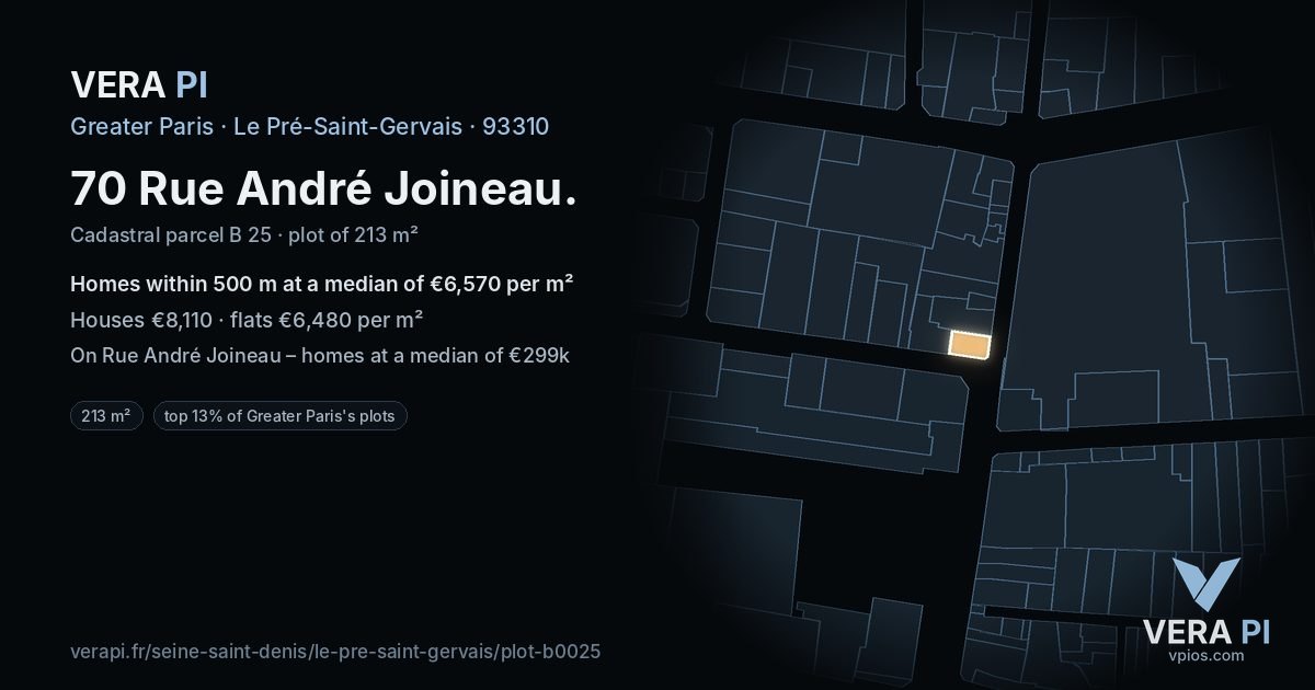 70 Rue André Joineau, Le Pré-Saint-Gervais at night – the plot lit, the parcels around coloured by the prices near them