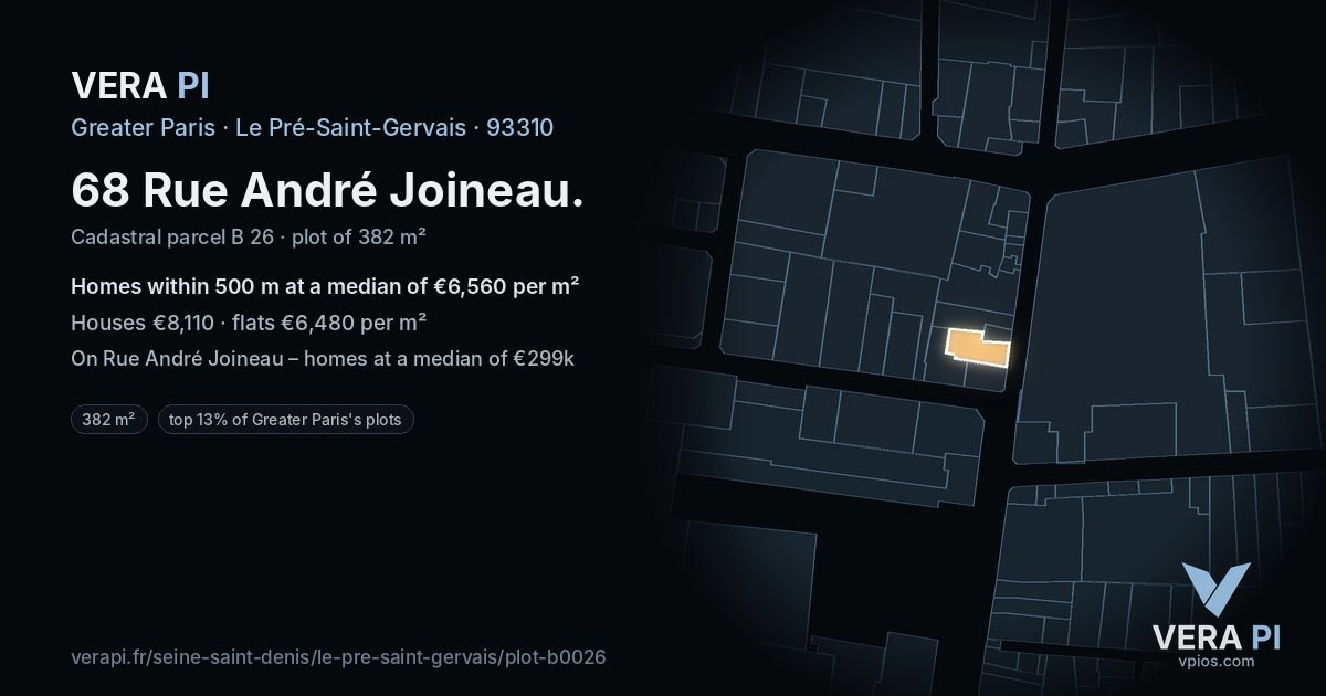 68 Rue André Joineau, Le Pré-Saint-Gervais at night – the plot lit, the parcels around coloured by the prices near them