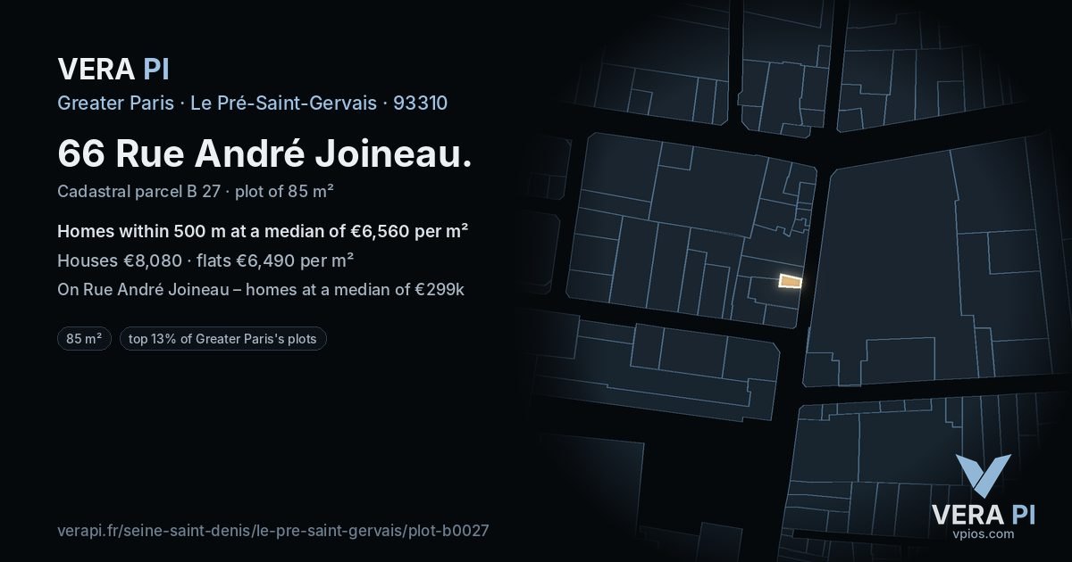 66 Rue André Joineau, Le Pré-Saint-Gervais at night – the plot lit, the parcels around coloured by the prices near them