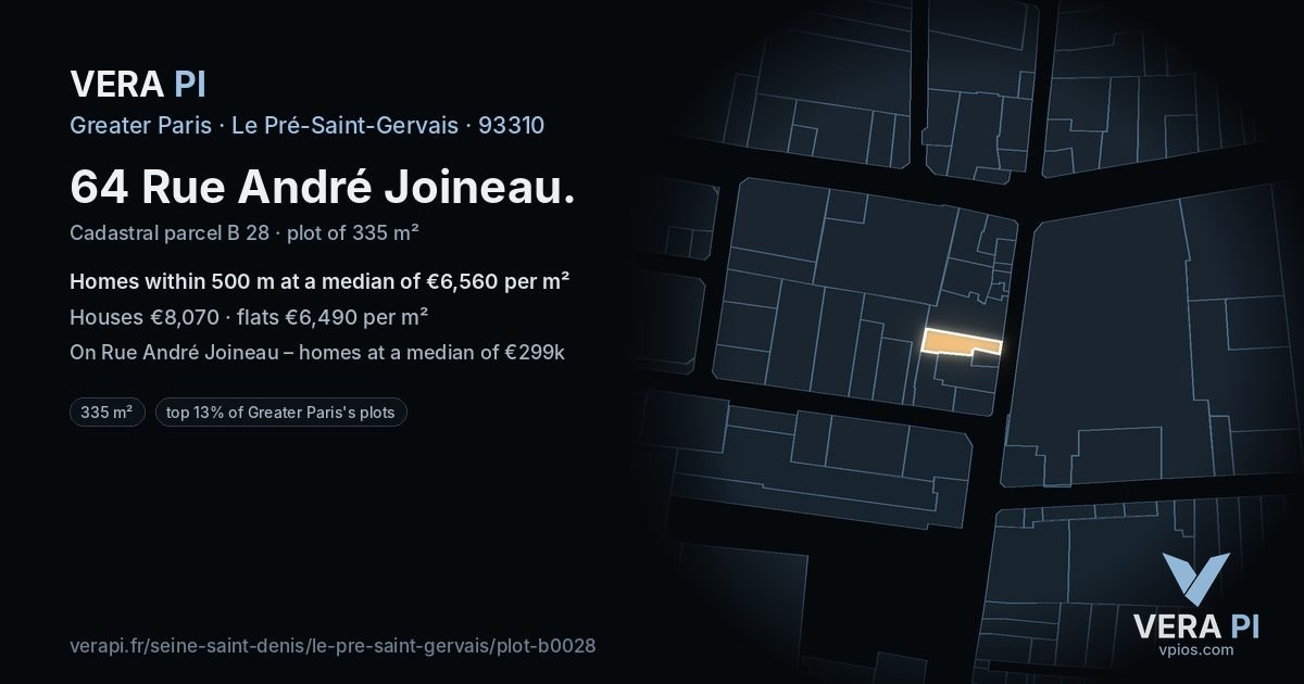 64 Rue André Joineau, Le Pré-Saint-Gervais at night – the plot lit, the parcels around coloured by the prices near them