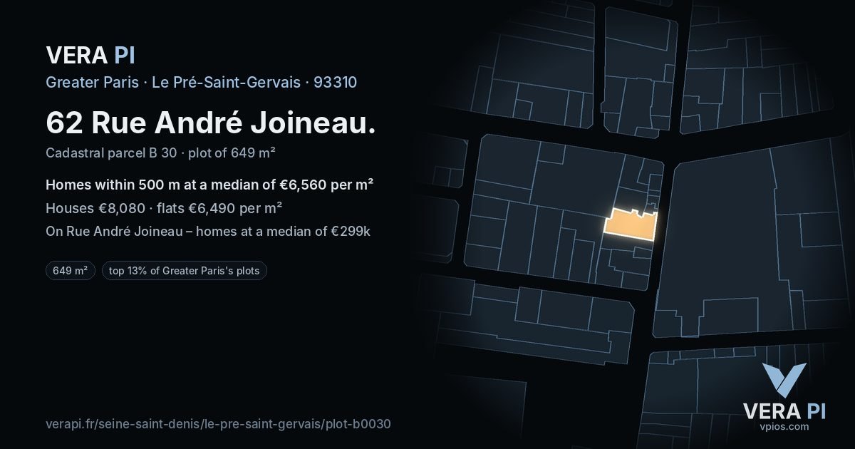 62 Rue André Joineau, Le Pré-Saint-Gervais at night – the plot lit, the parcels around coloured by the prices near them