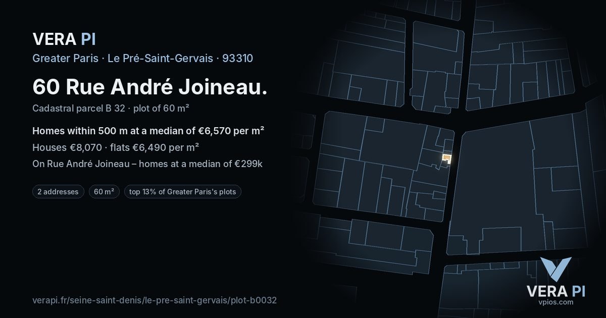 60 Rue André Joineau, Le Pré-Saint-Gervais at night – the plot lit, the parcels around coloured by the prices near them
