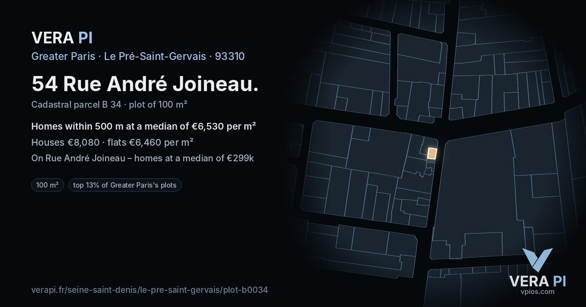 54 Rue André Joineau, Le Pré-Saint-Gervais at night – the plot lit, the parcels around coloured by the prices near them