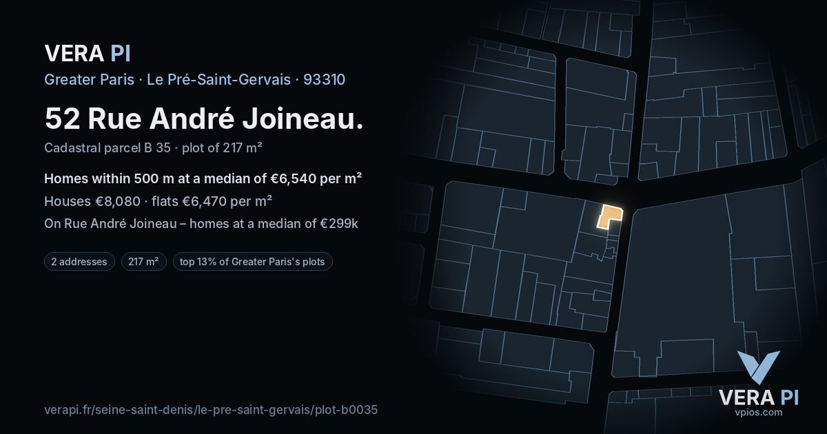 52 Rue André Joineau, Le Pré-Saint-Gervais at night – the plot lit, the parcels around coloured by the prices near them
