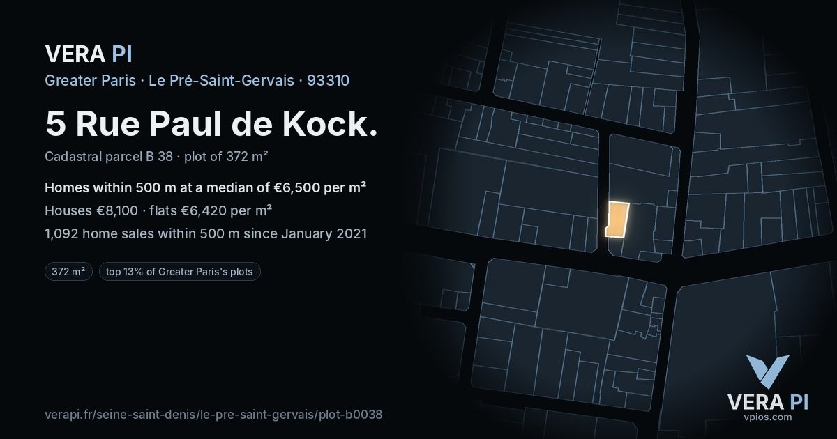 5 Rue Paul de Kock, Le Pré-Saint-Gervais at night – the plot lit, the parcels around coloured by the prices near them