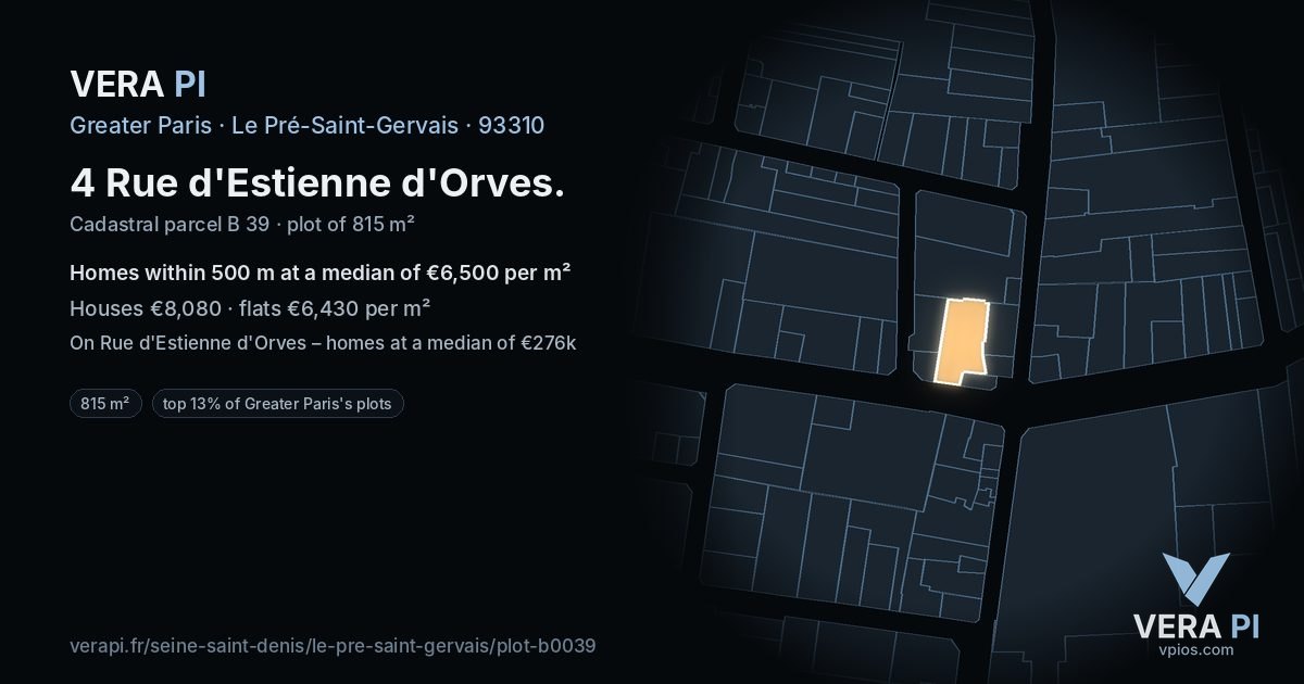 4 Rue d'Estienne d'Orves, Le Pré-Saint-Gervais at night – the plot lit, the parcels around coloured by the prices near them
