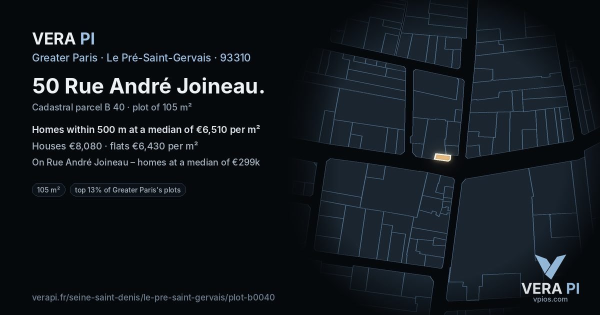 50 Rue André Joineau, Le Pré-Saint-Gervais at night – the plot lit, the parcels around coloured by the prices near them