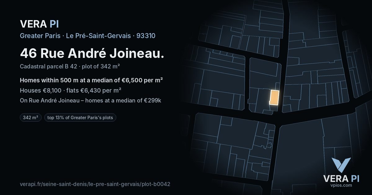 46 Rue André Joineau, Le Pré-Saint-Gervais at night – the plot lit, the parcels around coloured by the prices near them