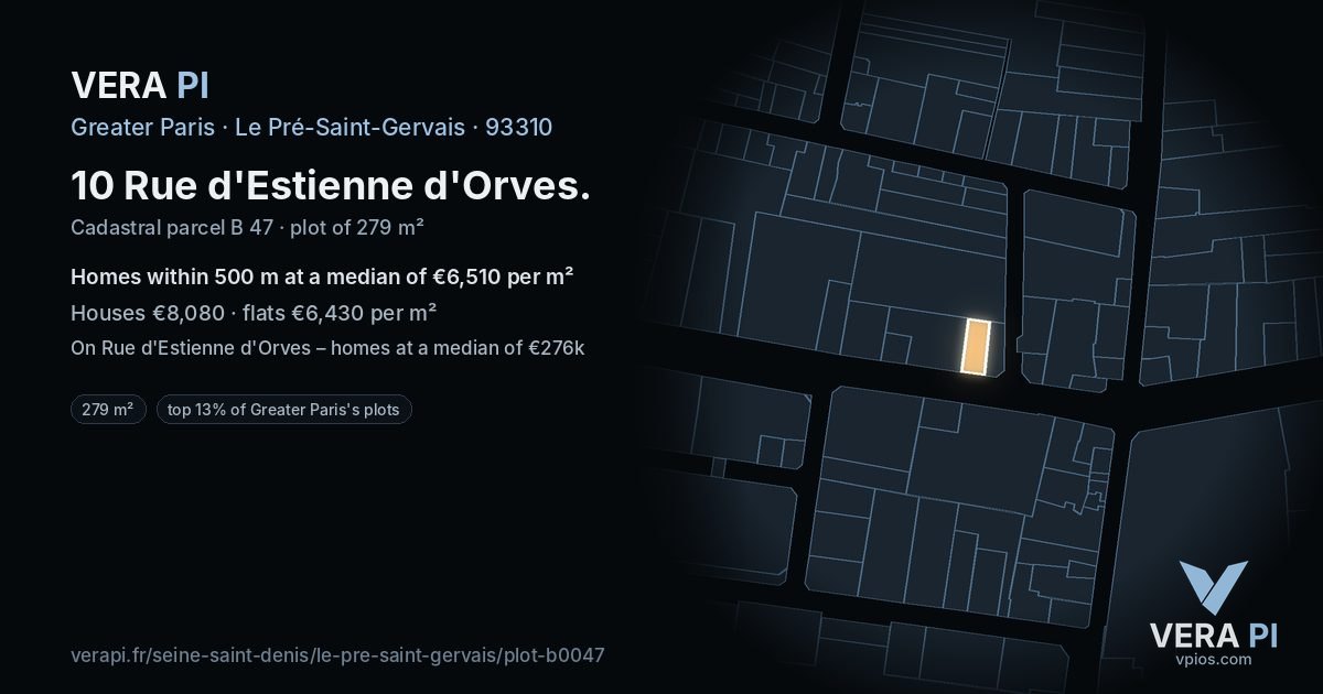 10 Rue d'Estienne d'Orves, Le Pré-Saint-Gervais at night – the plot lit, the parcels around coloured by the prices near them