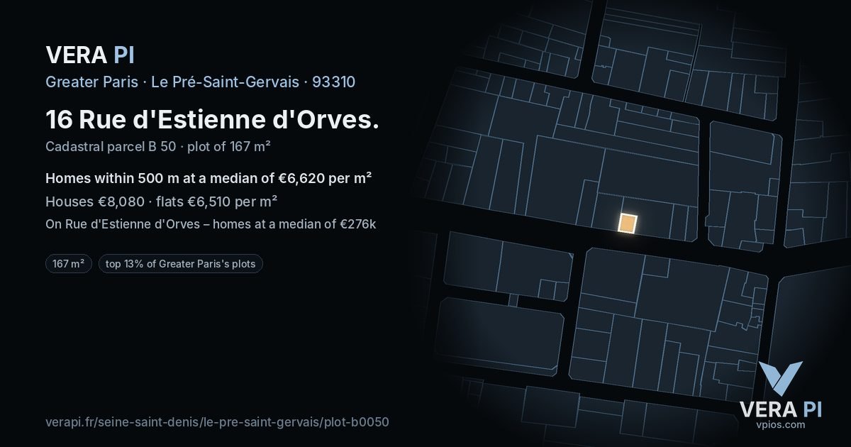 16 Rue d'Estienne d'Orves, Le Pré-Saint-Gervais at night – the plot lit, the parcels around coloured by the prices near them