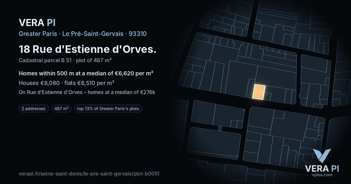 18 Rue d'Estienne d'Orves, Le Pré-Saint-Gervais at night – the plot lit, the parcels around coloured by the prices near them