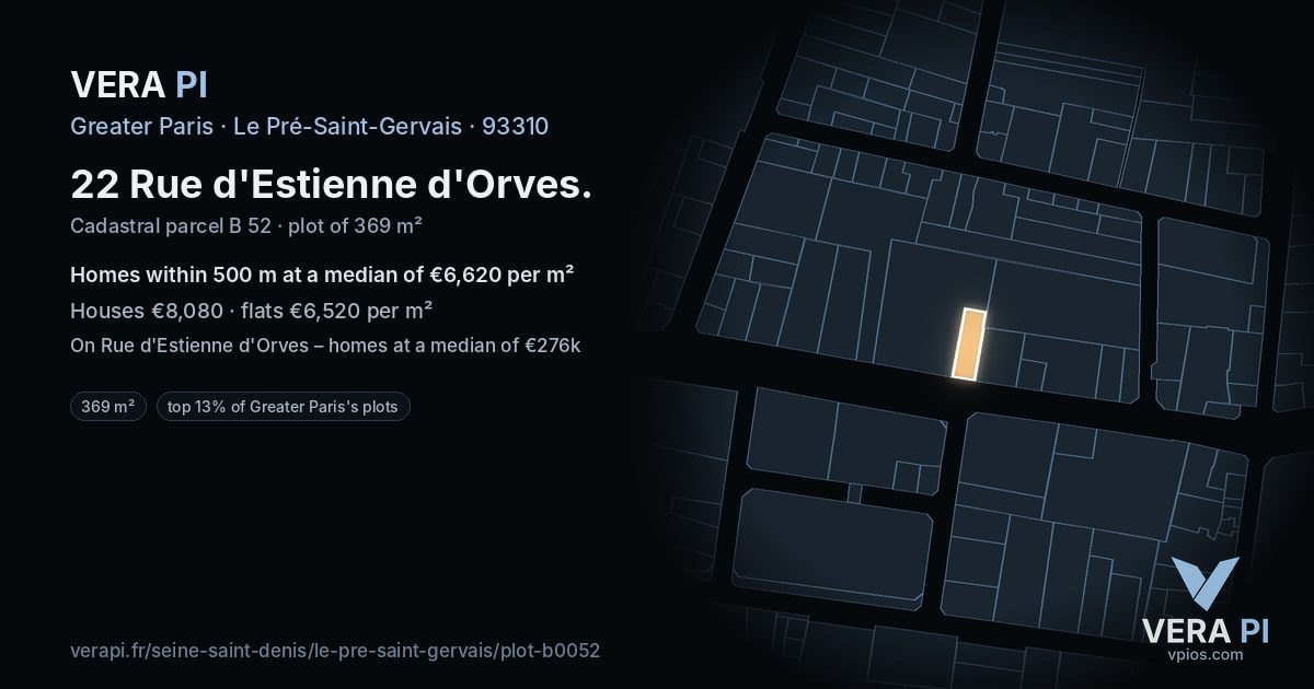 22 Rue d'Estienne d'Orves, Le Pré-Saint-Gervais at night – the plot lit, the parcels around coloured by the prices near them