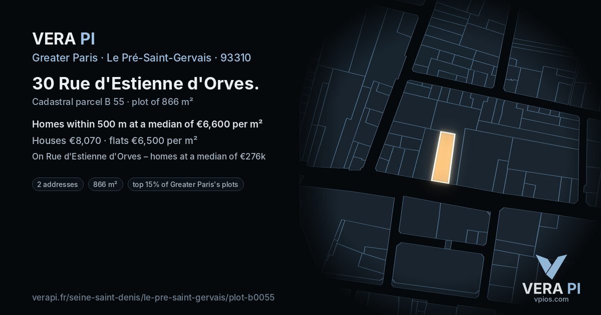 30 Rue d'Estienne d'Orves, Le Pré-Saint-Gervais at night – the plot lit, the parcels around coloured by the prices near them