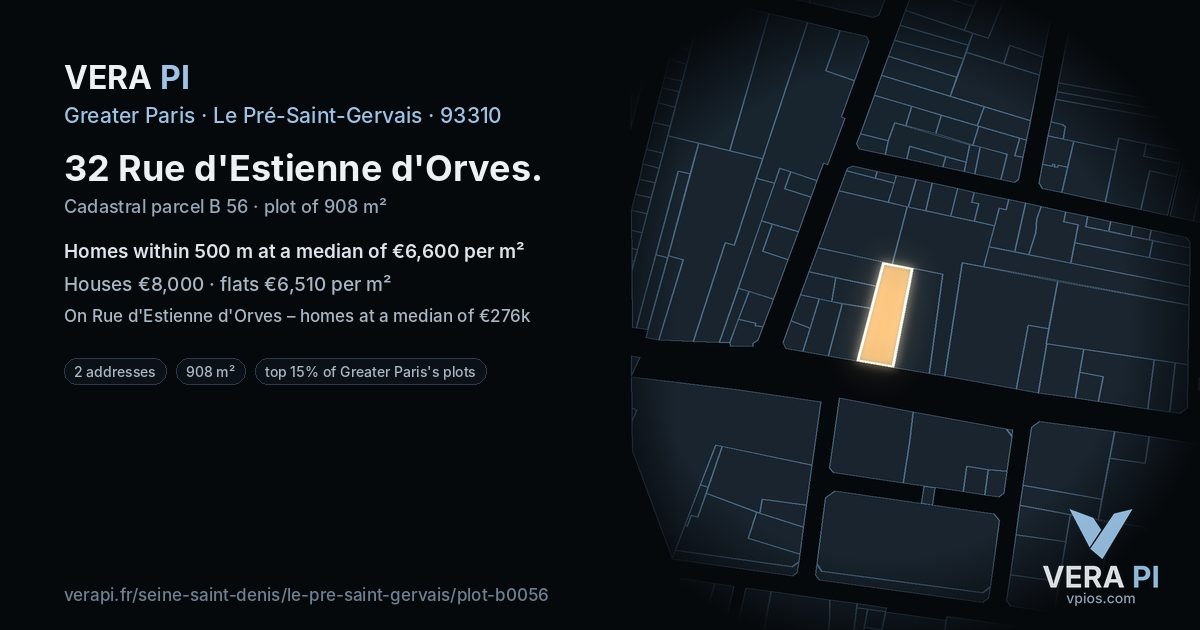 32 Rue d'Estienne d'Orves, Le Pré-Saint-Gervais at night – the plot lit, the parcels around coloured by the prices near them