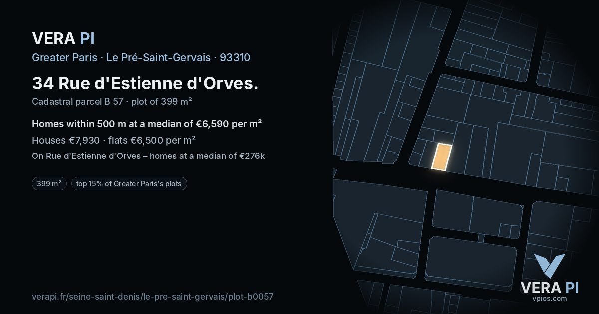 34 Rue d'Estienne d'Orves, Le Pré-Saint-Gervais at night – the plot lit, the parcels around coloured by the prices near them