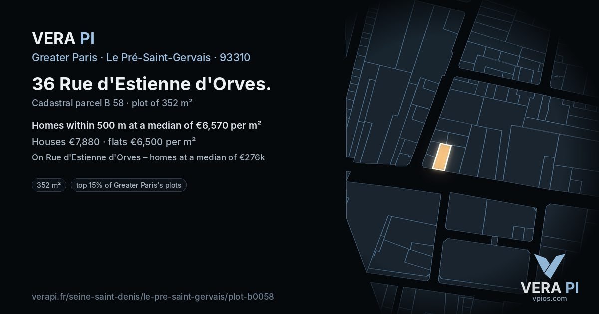 36 Rue d'Estienne d'Orves, Le Pré-Saint-Gervais at night – the plot lit, the parcels around coloured by the prices near them