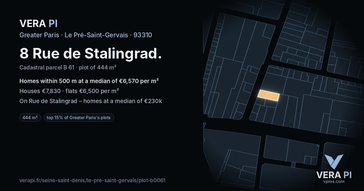 8 Rue de Stalingrad, Le Pré-Saint-Gervais at night – the plot lit, the parcels around coloured by the prices near them