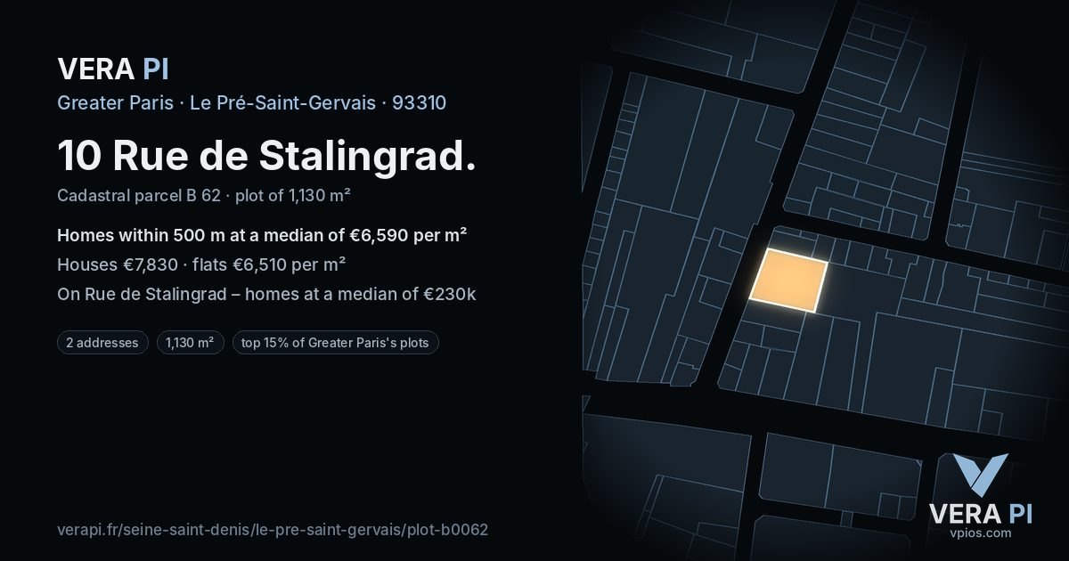 10 Rue de Stalingrad, Le Pré-Saint-Gervais at night – the plot lit, the parcels around coloured by the prices near them