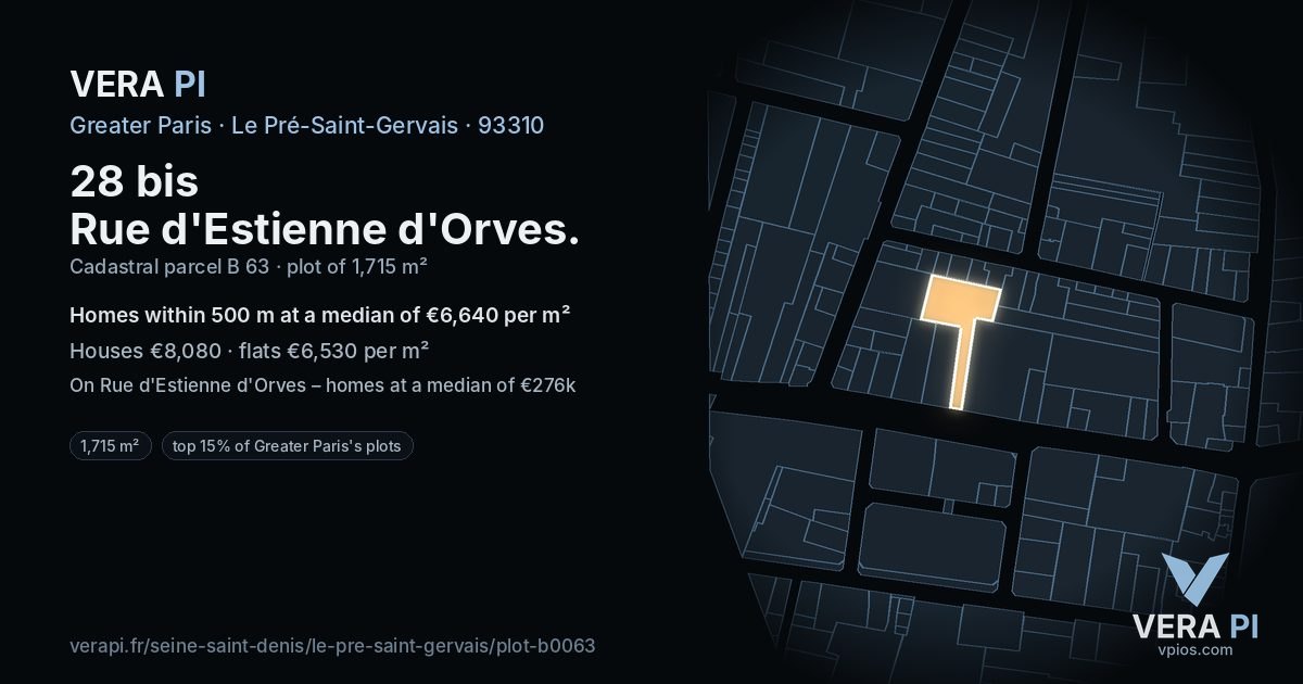 28 bis Rue d'Estienne d'Orves, Le Pré-Saint-Gervais at night – the plot lit, the parcels around coloured by the prices near them