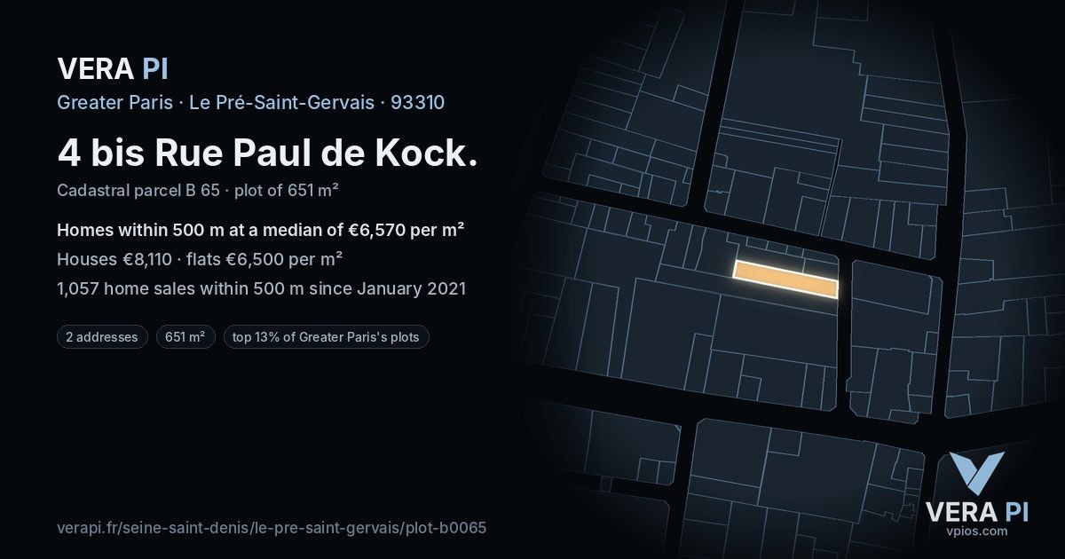 4 bis Rue Paul de Kock, Le Pré-Saint-Gervais at night – the plot lit, the parcels around coloured by the prices near them