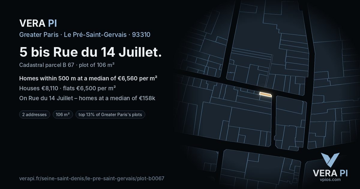 5 bis Rue du 14 Juillet, Le Pré-Saint-Gervais at night – the plot lit, the parcels around coloured by the prices near them