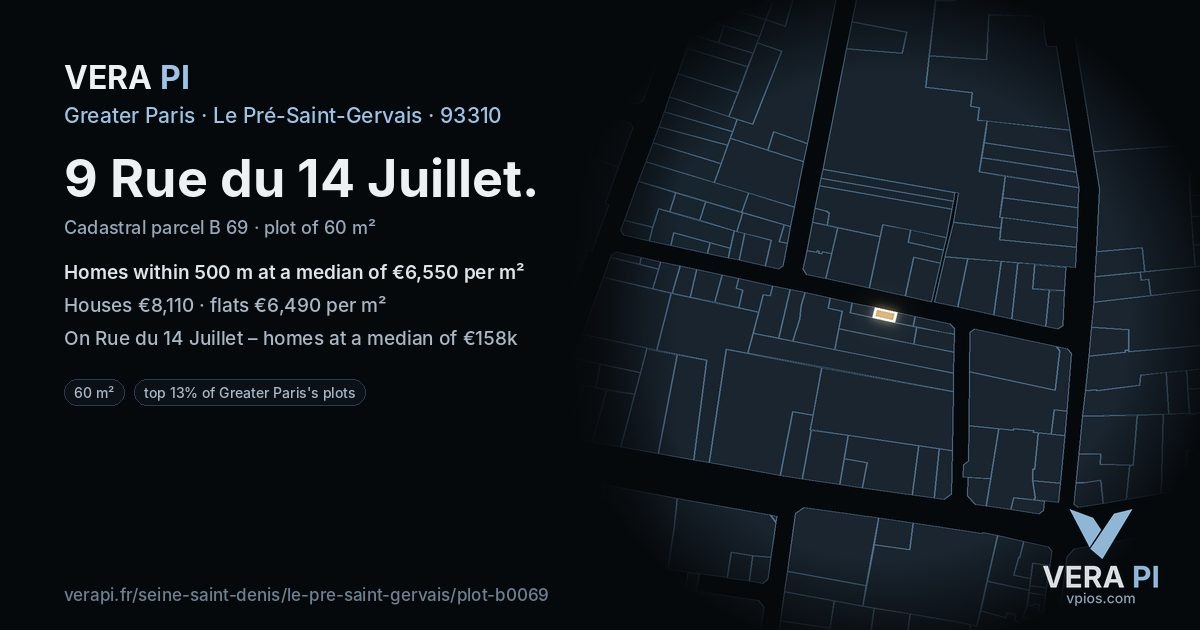 9 Rue du 14 Juillet, Le Pré-Saint-Gervais at night – the plot lit, the parcels around coloured by the prices near them