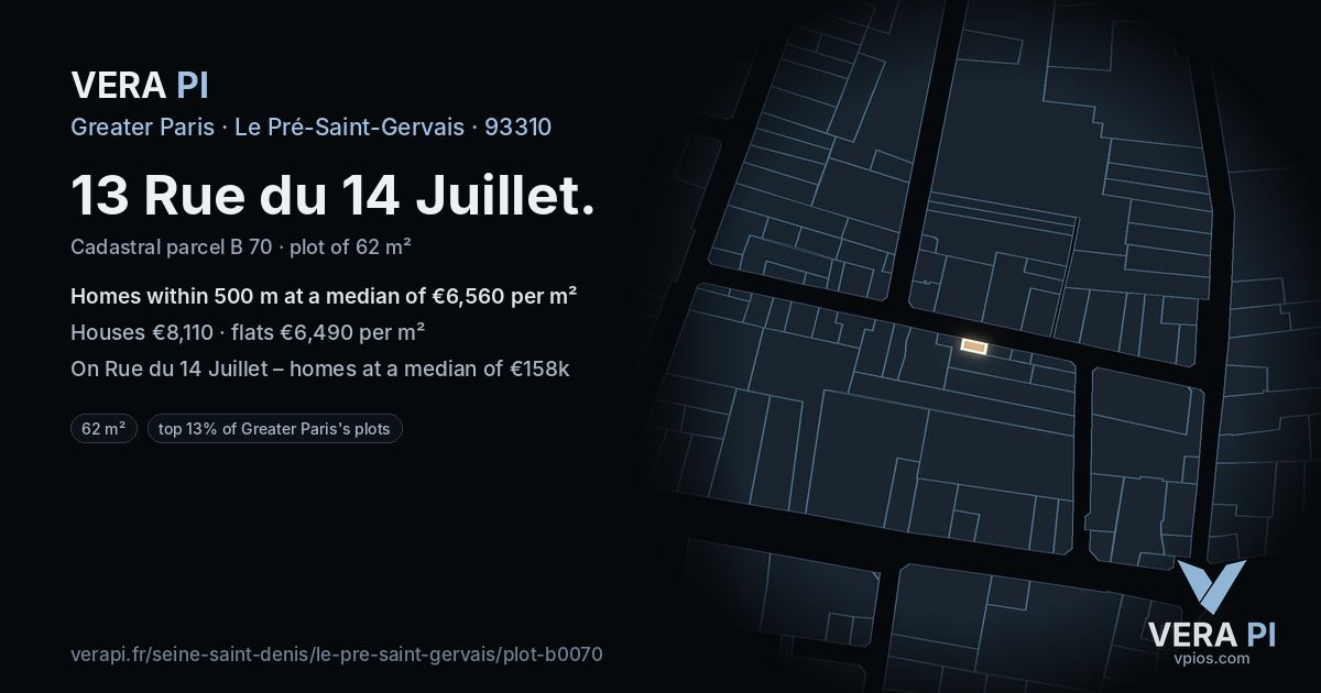 13 Rue du 14 Juillet, Le Pré-Saint-Gervais at night – the plot lit, the parcels around coloured by the prices near them