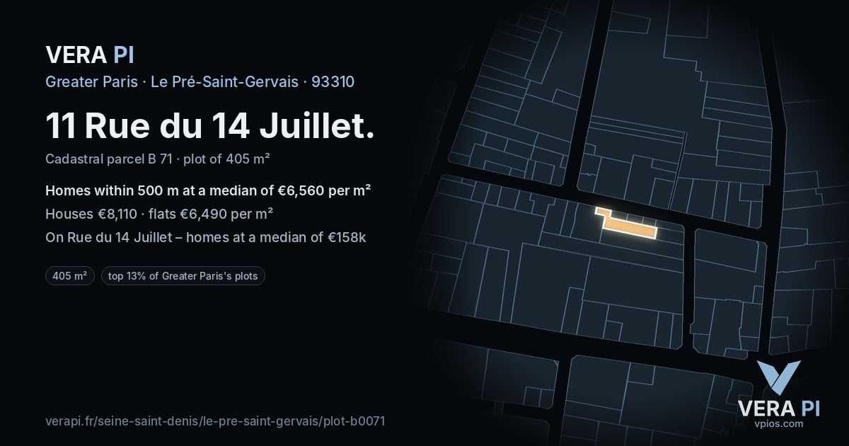 11 Rue du 14 Juillet, Le Pré-Saint-Gervais at night – the plot lit, the parcels around coloured by the prices near them