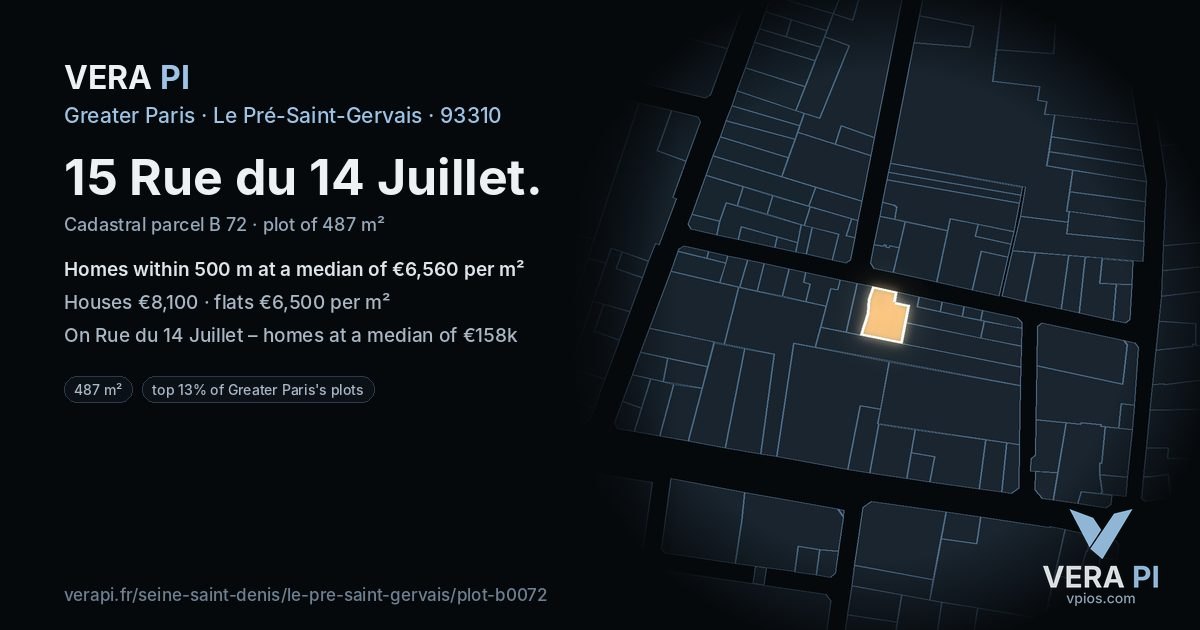 15 Rue du 14 Juillet, Le Pré-Saint-Gervais at night – the plot lit, the parcels around coloured by the prices near them