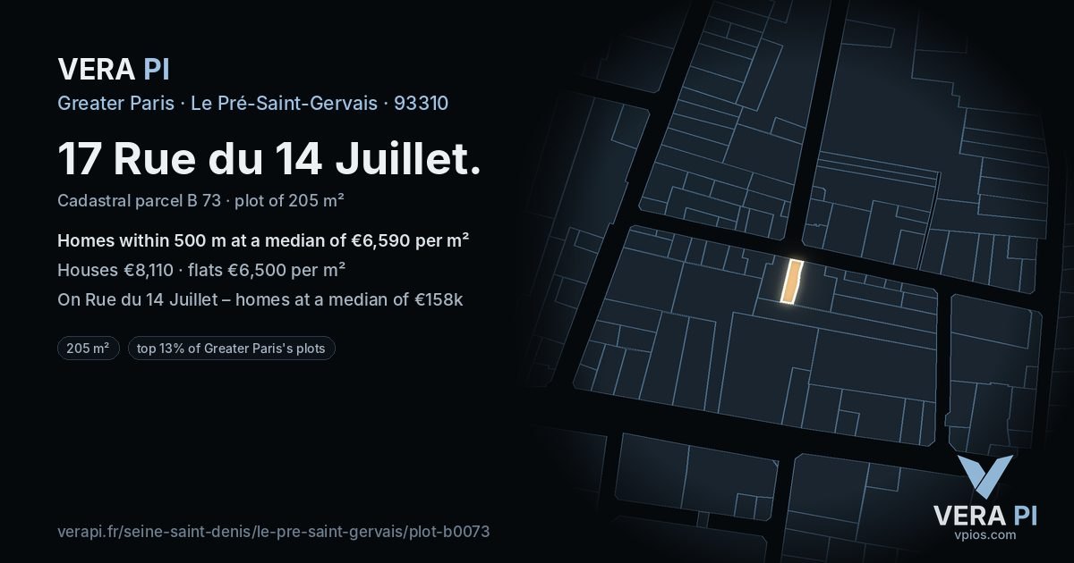17 Rue du 14 Juillet, Le Pré-Saint-Gervais at night – the plot lit, the parcels around coloured by the prices near them