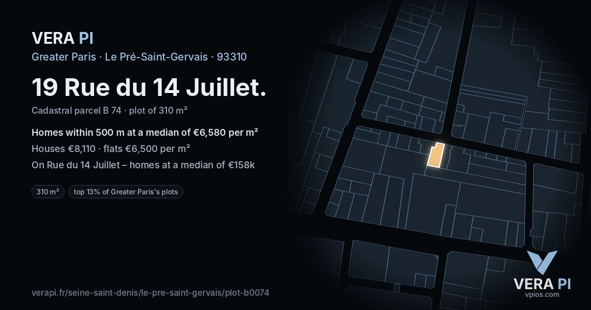 19 Rue du 14 Juillet, Le Pré-Saint-Gervais at night – the plot lit, the parcels around coloured by the prices near them