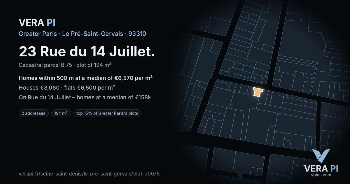 23 Rue du 14 Juillet, Le Pré-Saint-Gervais at night – the plot lit, the parcels around coloured by the prices near them