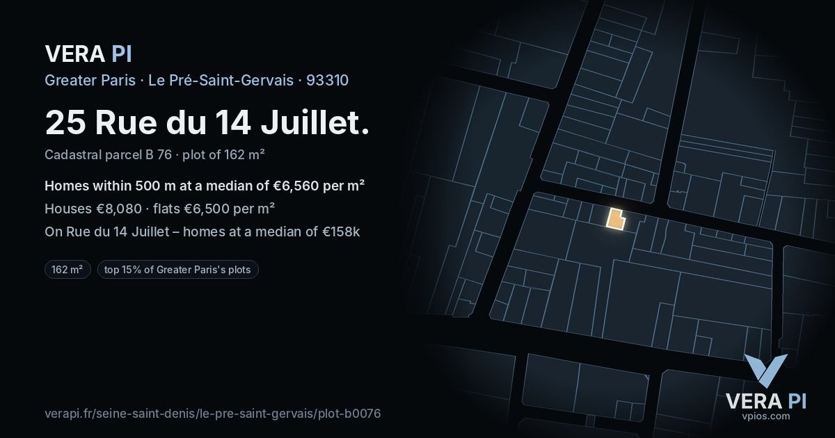 25 Rue du 14 Juillet, Le Pré-Saint-Gervais at night – the plot lit, the parcels around coloured by the prices near them