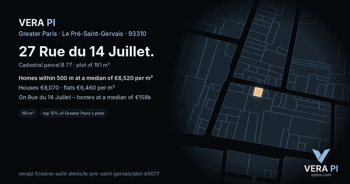 27 Rue du 14 Juillet, Le Pré-Saint-Gervais at night – the plot lit, the parcels around coloured by the prices near them