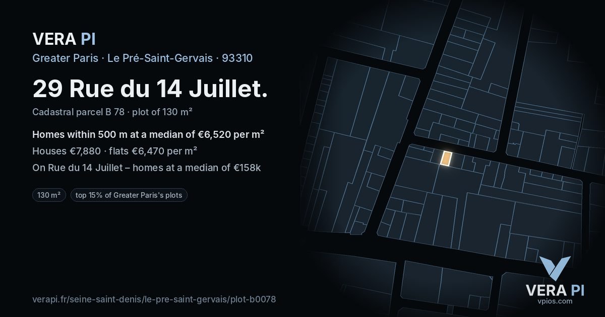 29 Rue du 14 Juillet, Le Pré-Saint-Gervais at night – the plot lit, the parcels around coloured by the prices near them