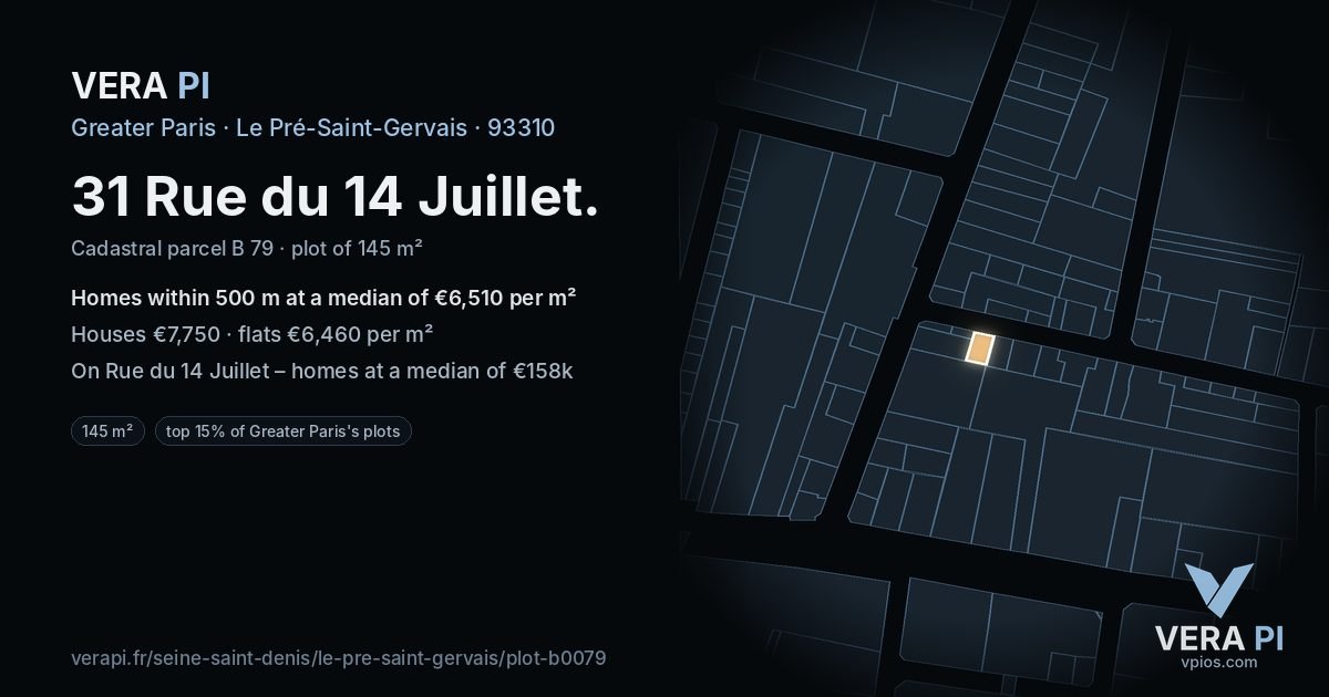 31 Rue du 14 Juillet, Le Pré-Saint-Gervais at night – the plot lit, the parcels around coloured by the prices near them