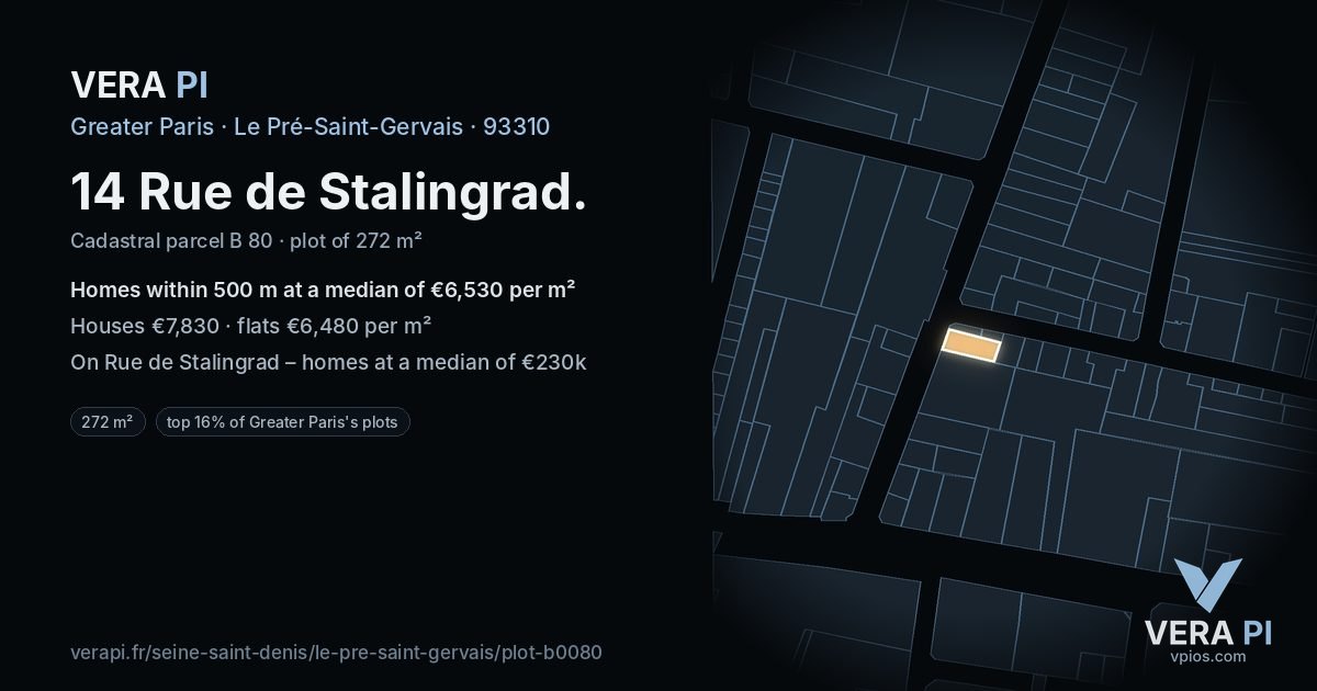 14 Rue de Stalingrad, Le Pré-Saint-Gervais at night – the plot lit, the parcels around coloured by the prices near them