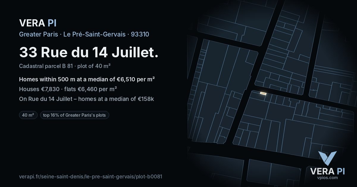 33 Rue du 14 Juillet, Le Pré-Saint-Gervais at night – the plot lit, the parcels around coloured by the prices near them