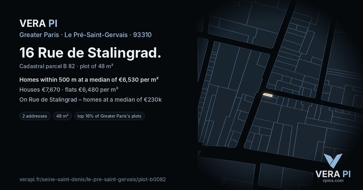 16 Rue de Stalingrad, Le Pré-Saint-Gervais at night – the plot lit, the parcels around coloured by the prices near them
