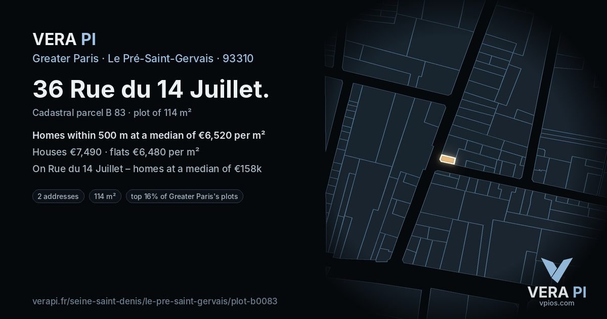 36 Rue du 14 Juillet, Le Pré-Saint-Gervais at night – the plot lit, the parcels around coloured by the prices near them