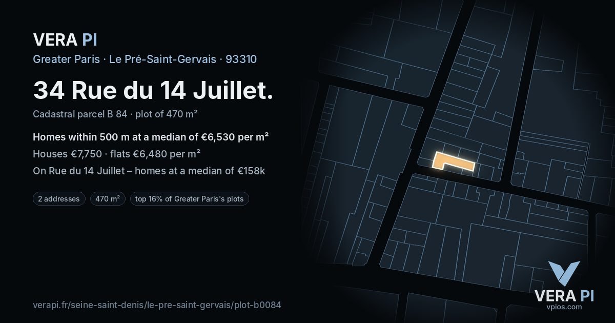 34 Rue du 14 Juillet, Le Pré-Saint-Gervais at night – the plot lit, the parcels around coloured by the prices near them