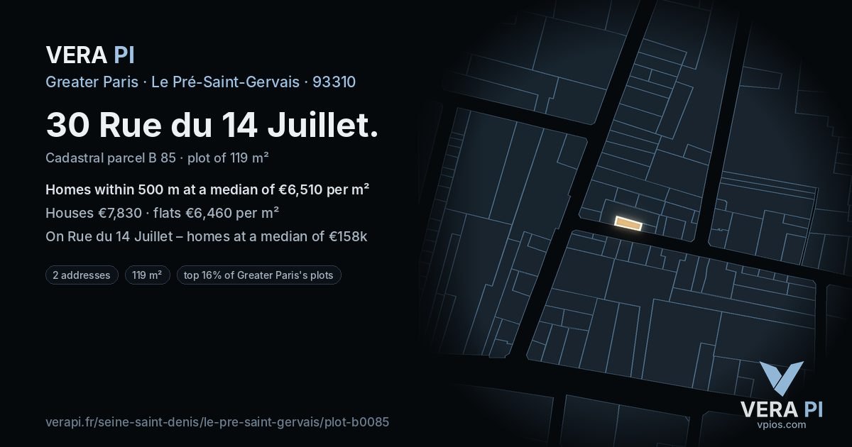 30 Rue du 14 Juillet, Le Pré-Saint-Gervais at night – the plot lit, the parcels around coloured by the prices near them