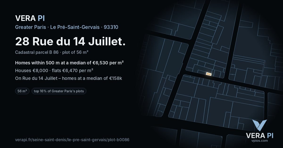 28 Rue du 14 Juillet, Le Pré-Saint-Gervais at night – the plot lit, the parcels around coloured by the prices near them