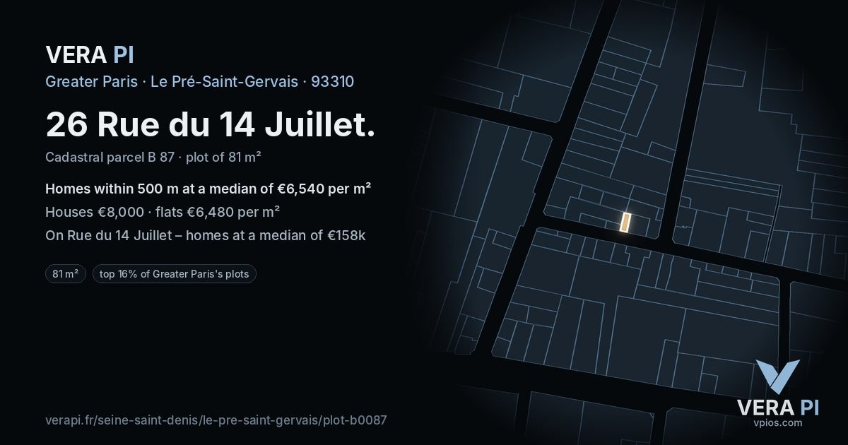 26 Rue du 14 Juillet, Le Pré-Saint-Gervais at night – the plot lit, the parcels around coloured by the prices near them