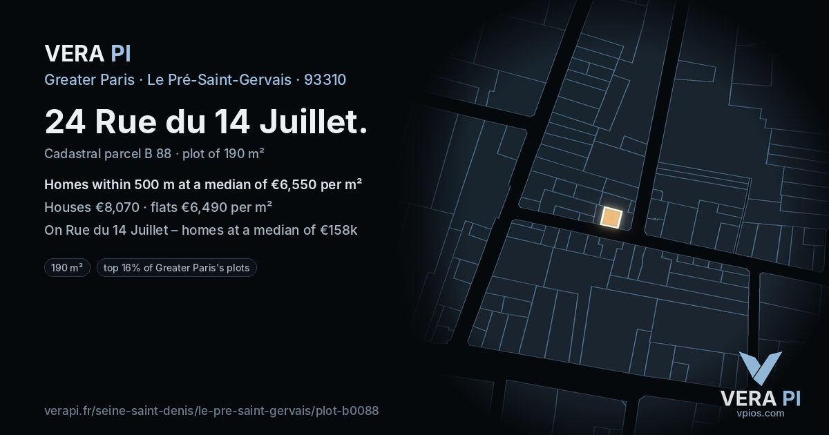 24 Rue du 14 Juillet, Le Pré-Saint-Gervais at night – the plot lit, the parcels around coloured by the prices near them