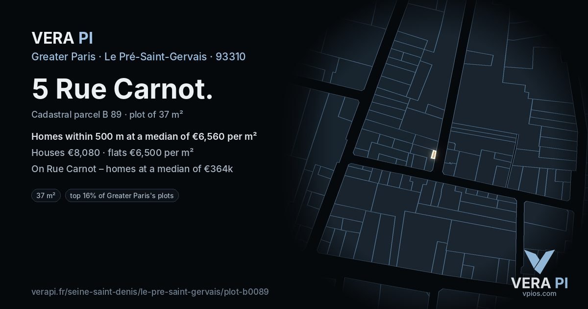 5 Rue Carnot, Le Pré-Saint-Gervais at night – the plot lit, the parcels around coloured by the prices near them