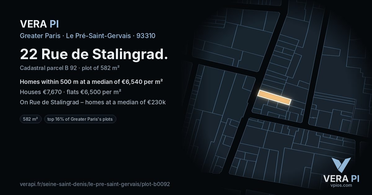 22 Rue de Stalingrad, Le Pré-Saint-Gervais at night – the plot lit, the parcels around coloured by the prices near them