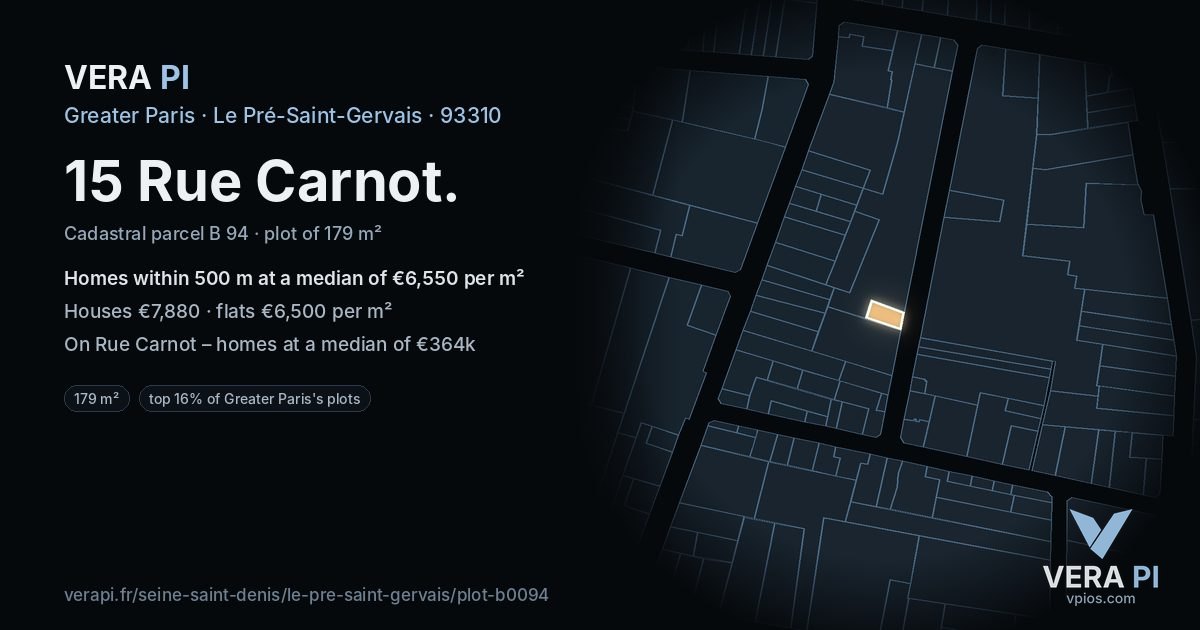15 Rue Carnot, Le Pré-Saint-Gervais at night – the plot lit, the parcels around coloured by the prices near them