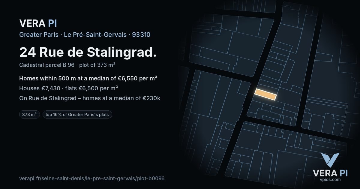24 Rue de Stalingrad, Le Pré-Saint-Gervais at night – the plot lit, the parcels around coloured by the prices near them