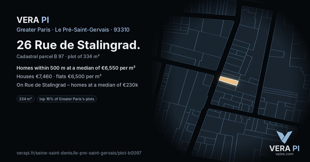 26 Rue de Stalingrad, Le Pré-Saint-Gervais at night – the plot lit, the parcels around coloured by the prices near them